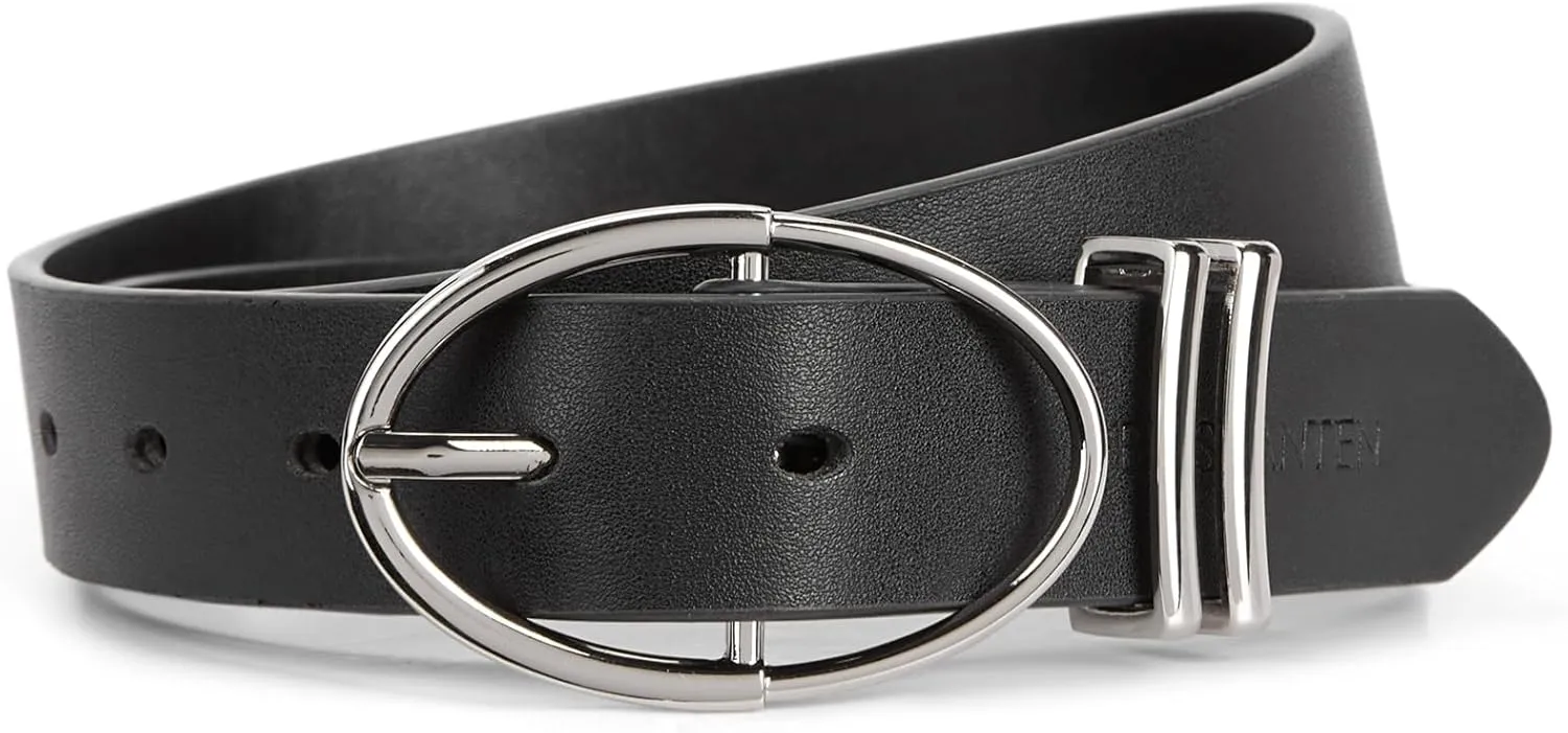 BOSTANTEN Women Belts For Jeans Dresses Pants Trendy Ladies Leather Waist Black Belt with Silver Oval Buckle