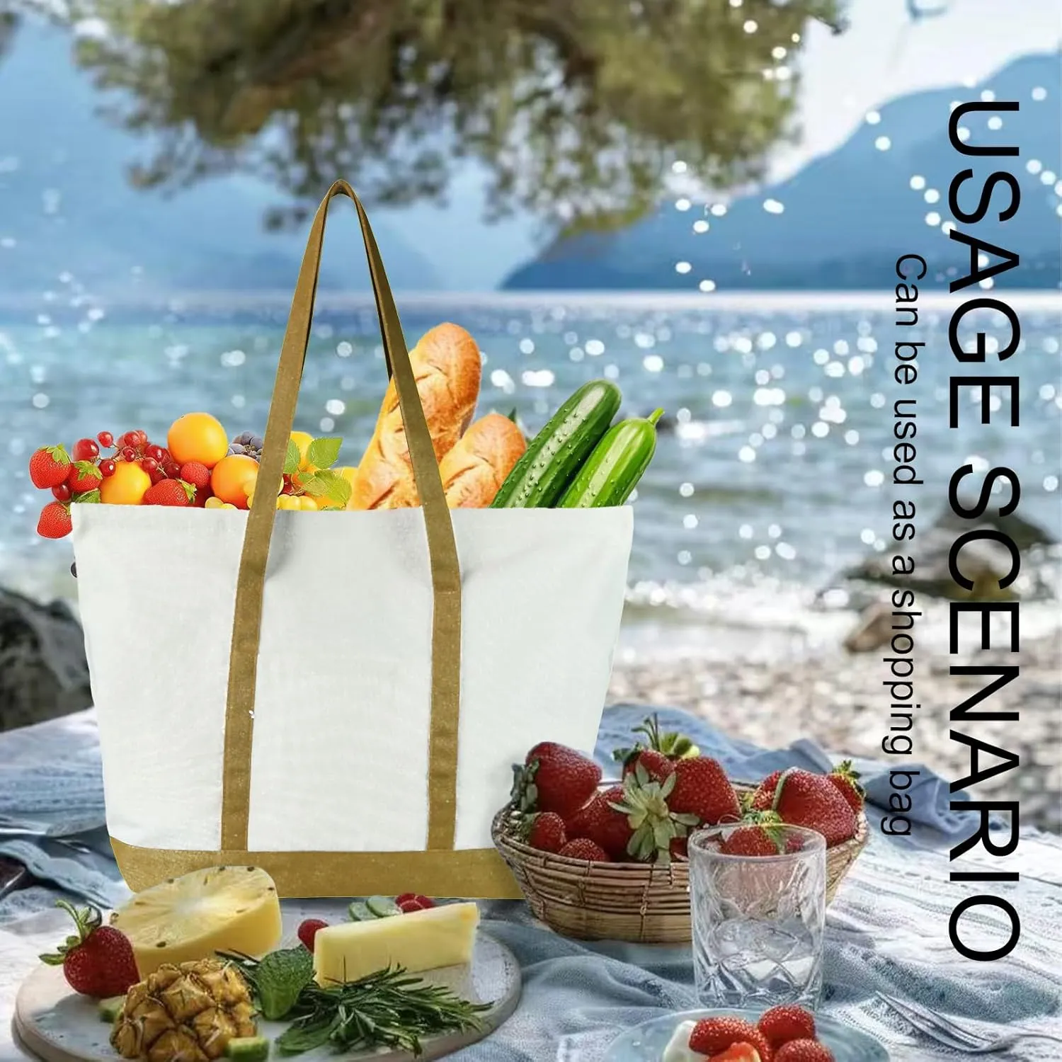 Canvas Tote Bag with External Pocket Extra Large Canvas Tote Bag Heavy Duty Grocery Shopping Bags Weekender Bag