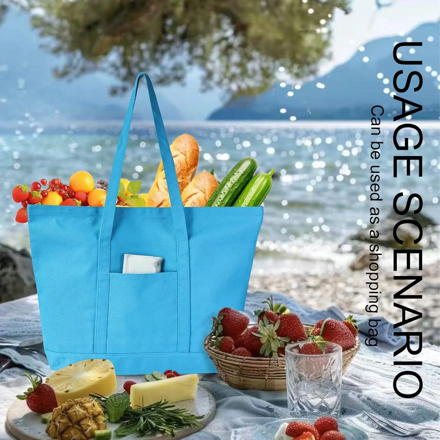 Canvas Tote Bag with External Pocket Extra Large Canvas Tote Bag Heavy Duty Grocery Shopping Bags Weekender Bag