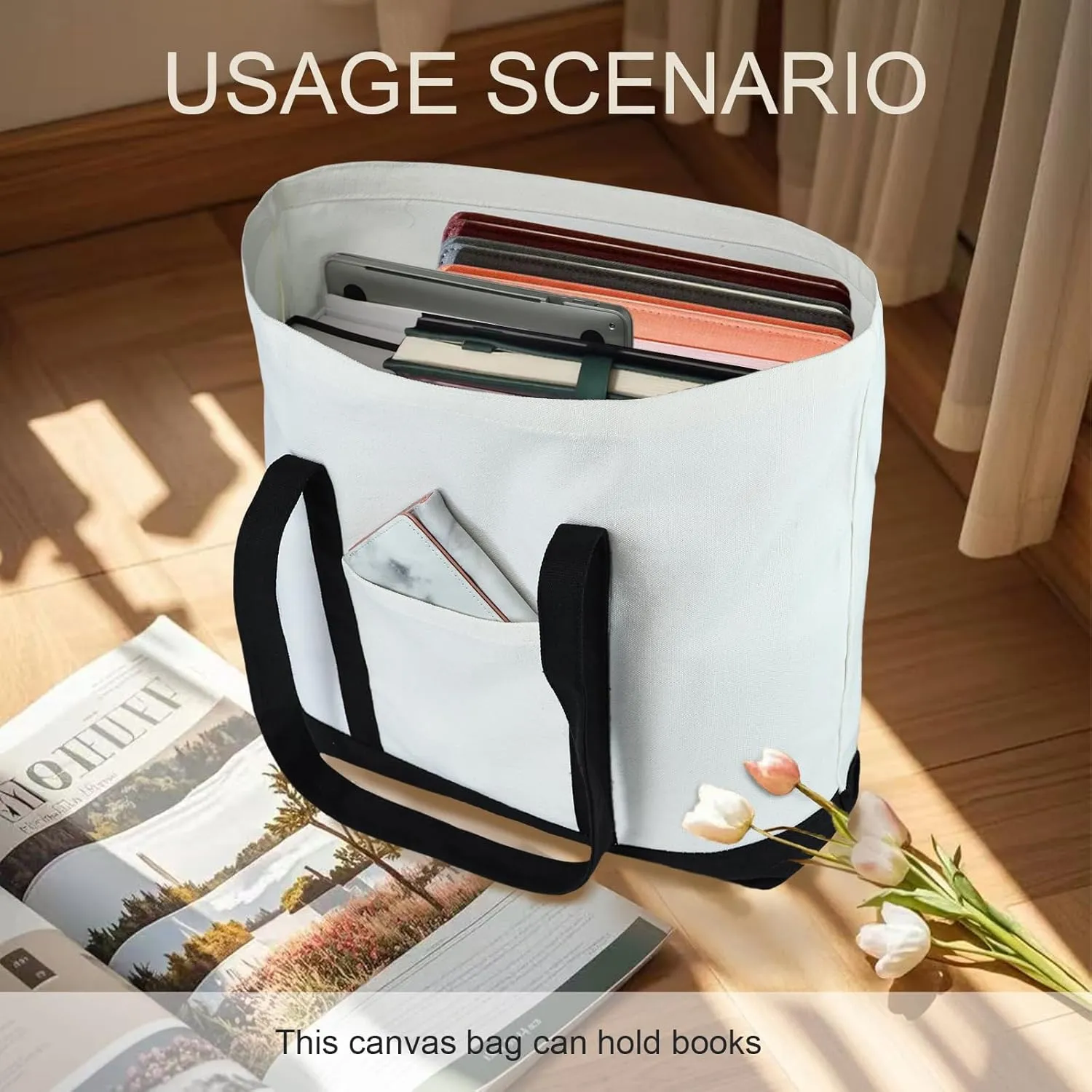 Canvas Tote Bag with External Pocket Extra Large Canvas Tote Bag Heavy Duty Grocery Shopping Bags Weekender Bag