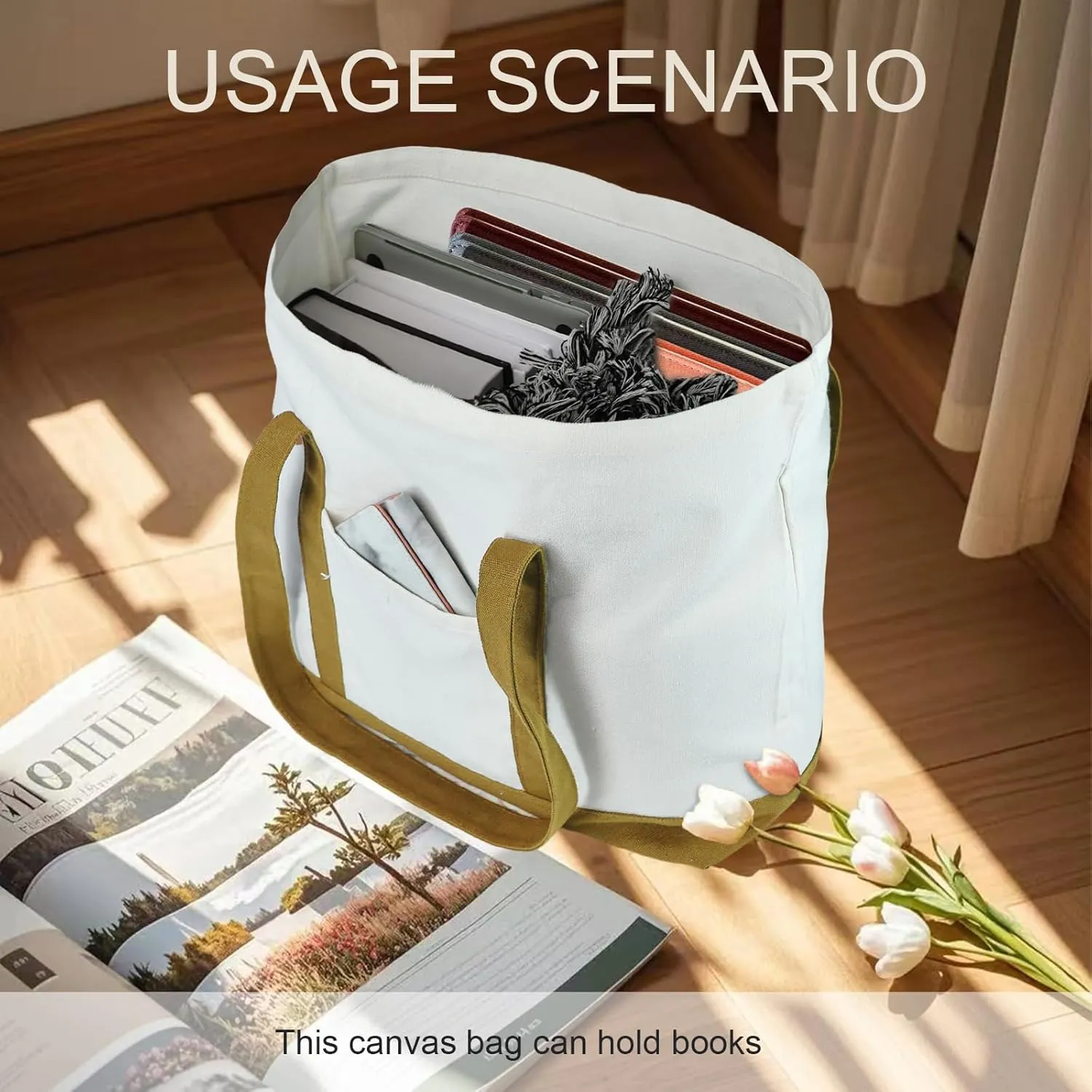 Canvas Tote Bag with External Pocket Extra Large Canvas Tote Bag Heavy Duty Grocery Shopping Bags Weekender Bag