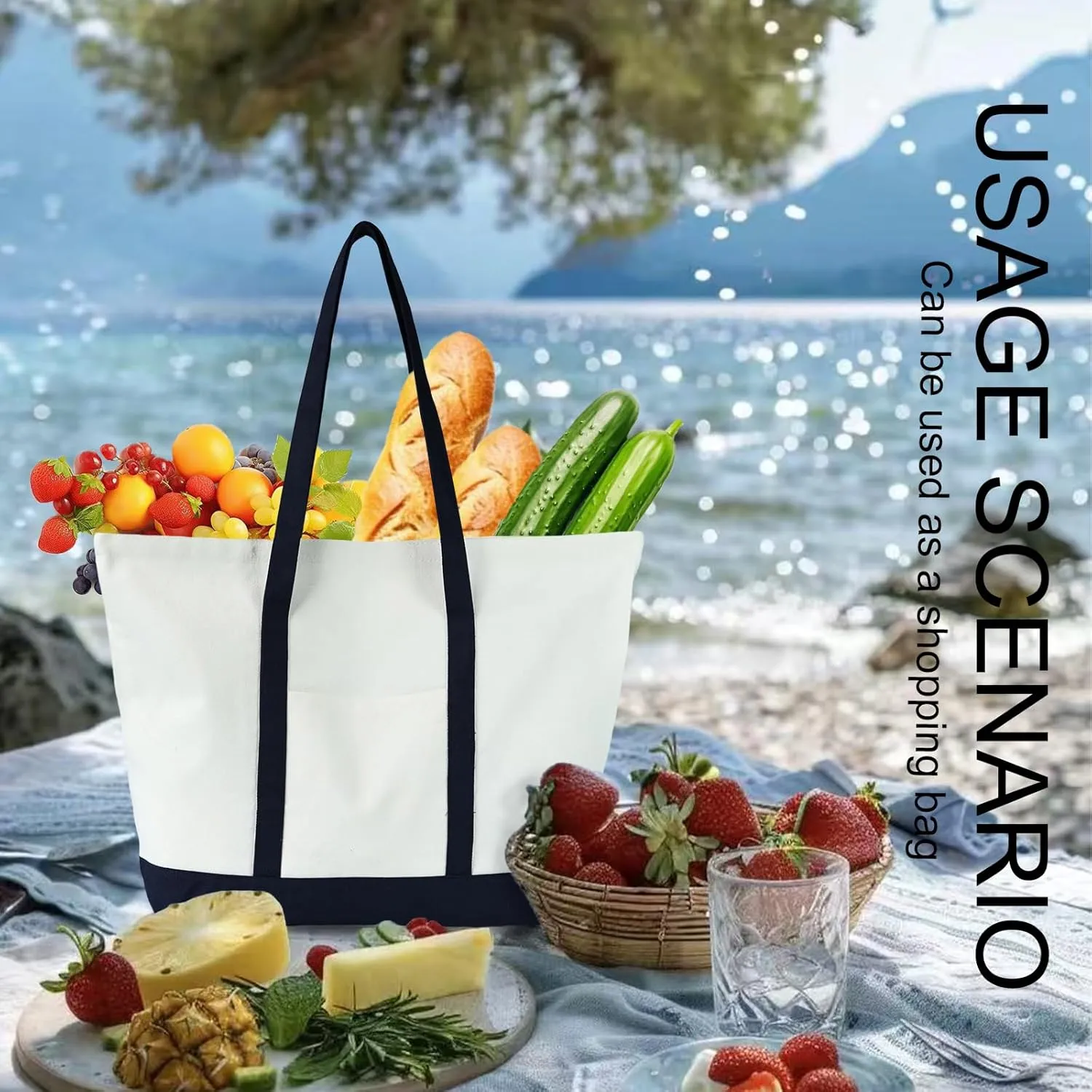 Canvas Tote Bag with External Pocket Extra Large Canvas Tote Bag Heavy Duty Grocery Shopping Bags Weekender Bag