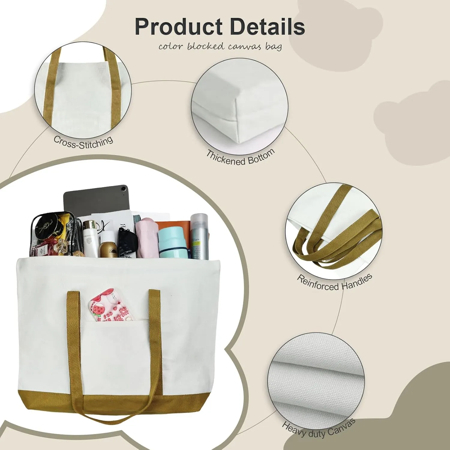 Canvas Tote Bag with External Pocket Extra Large Canvas Tote Bag Heavy Duty Grocery Shopping Bags Weekender Bag