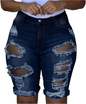 Capri Jeans for Women High Waisted Ripped Stretch Denim Capris Trendy Skinny Cuffed Denim Cropped Pants with Pockets