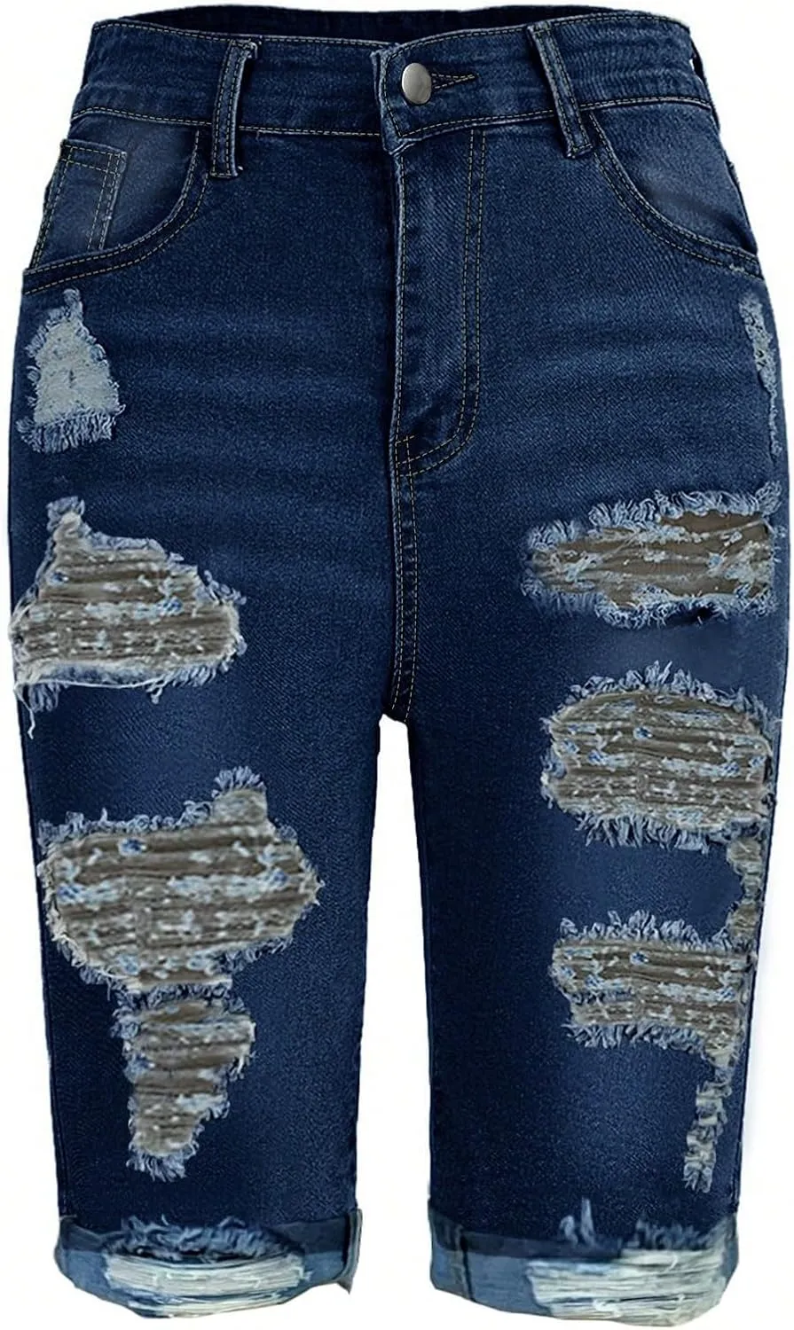 Capri Jeans for Women High Waisted Ripped Stretch Denim Capris Trendy Skinny Cuffed Denim Cropped Pants with Pockets