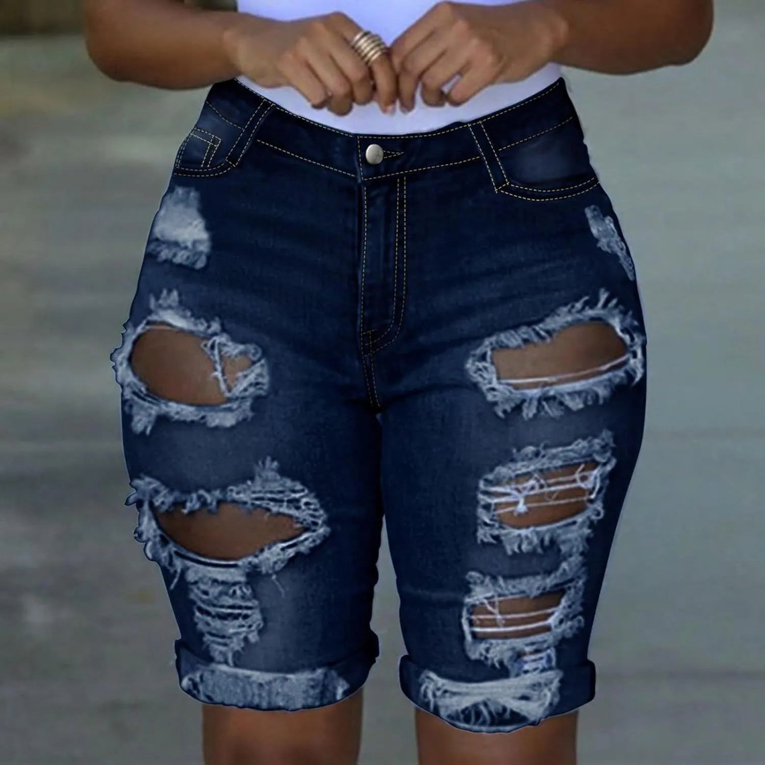 Capri Jeans for Women High Waisted Ripped Stretch Denim Capris Trendy Skinny Cuffed Denim Cropped Pants with Pockets