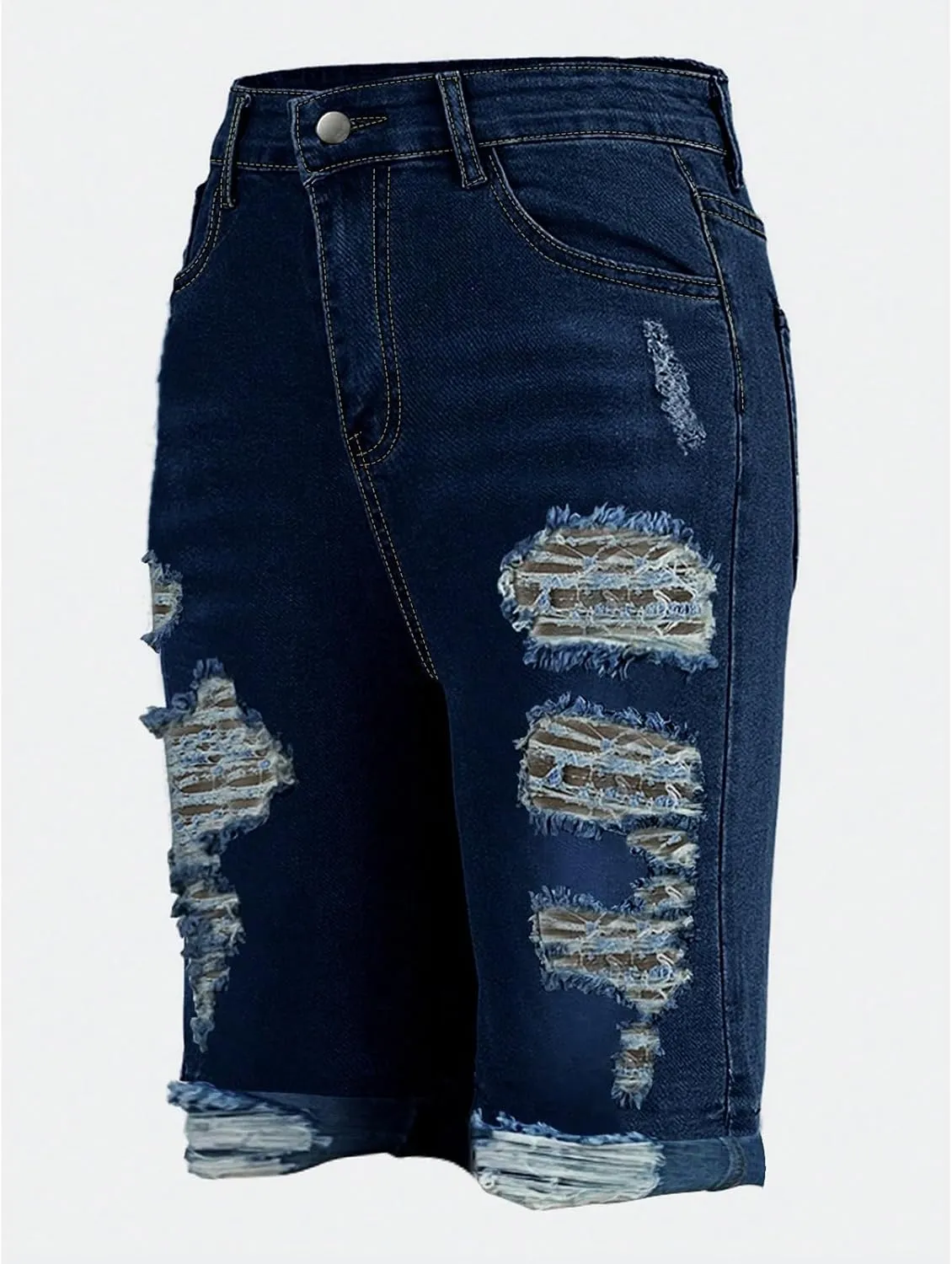 Capri Jeans for Women High Waisted Ripped Stretch Denim Capris Trendy Skinny Cuffed Denim Cropped Pants with Pockets