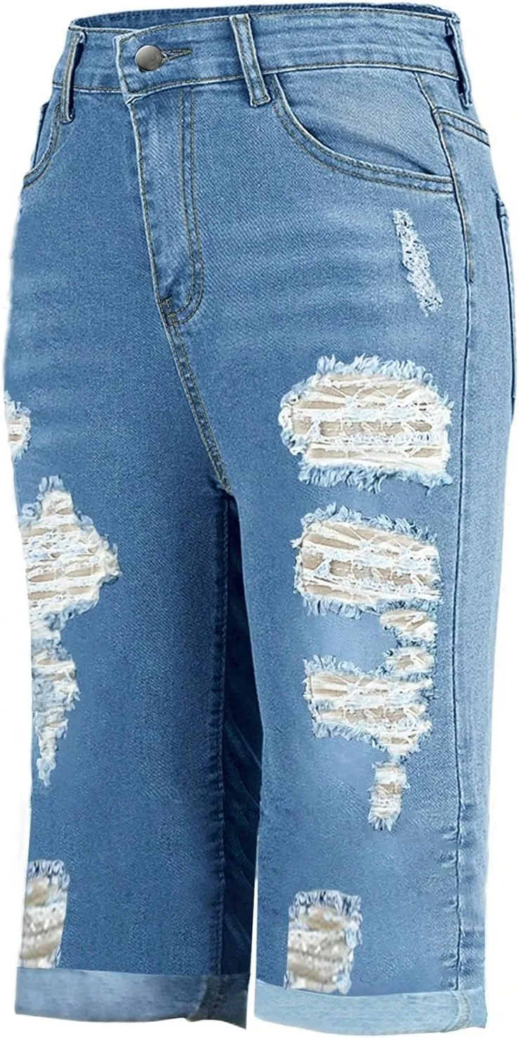 Capri Jeans for Women High Waisted Ripped Stretch Denim Capris Trendy Skinny Cuffed Denim Cropped Pants with Pockets