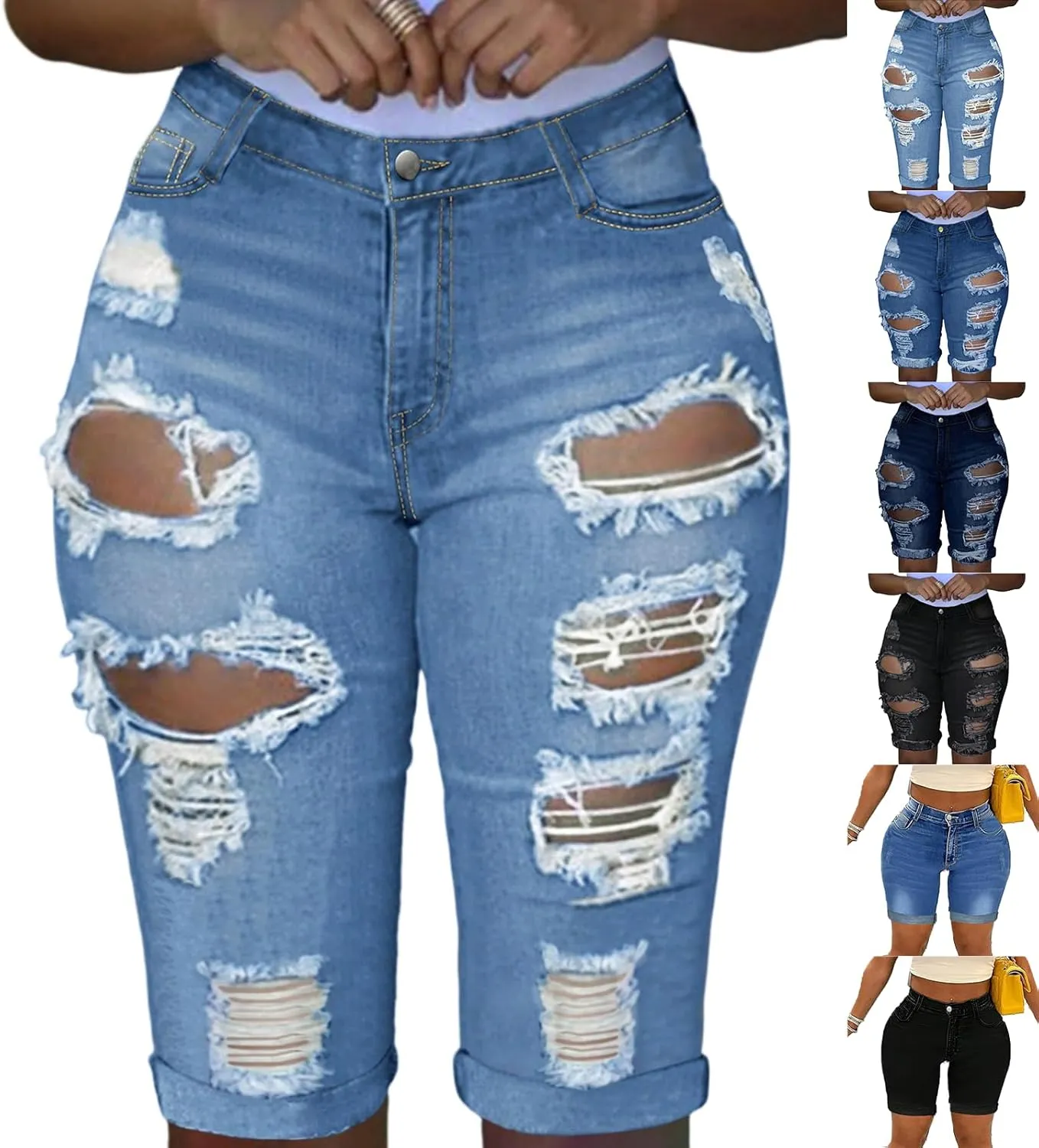 Capri Jeans for Women High Waisted Ripped Stretch Denim Capris Trendy Skinny Cuffed Denim Cropped Pants with Pockets