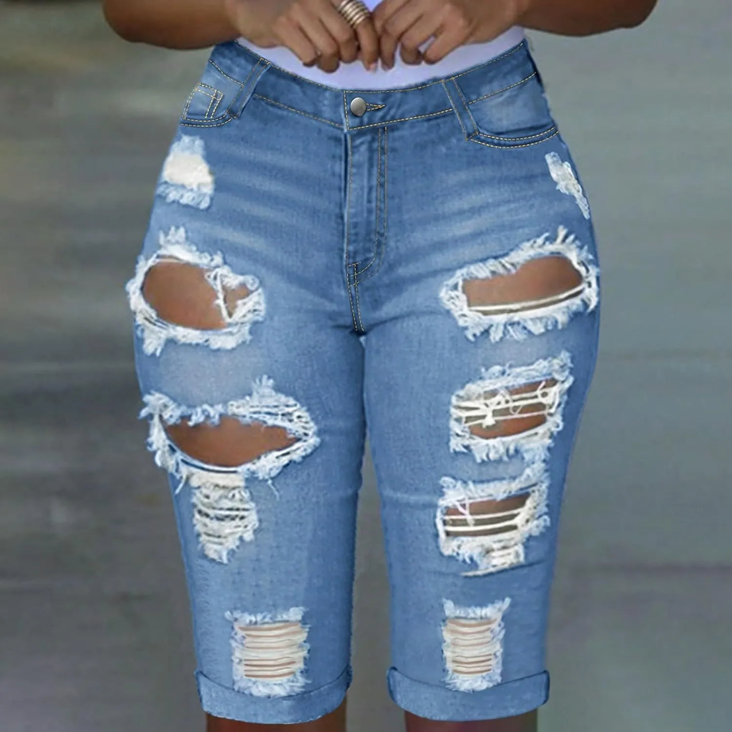 Capri Jeans for Women High Waisted Ripped Stretch Denim Capris Trendy Skinny Cuffed Denim Cropped Pants with Pockets