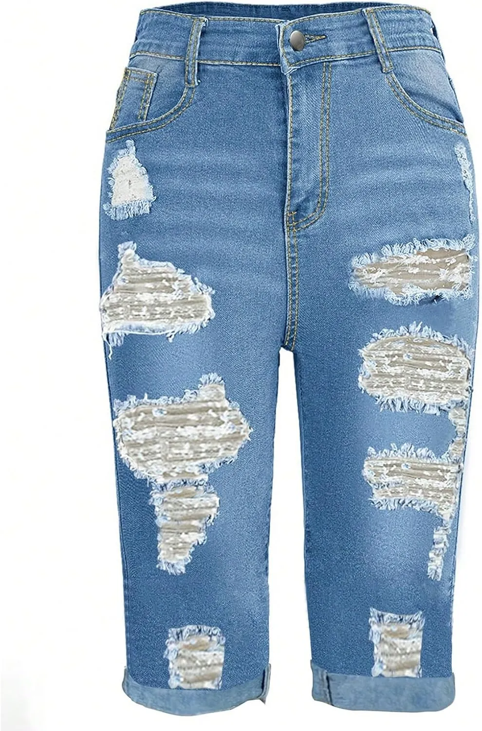 Capri Jeans for Women High Waisted Ripped Stretch Denim Capris Trendy Skinny Cuffed Denim Cropped Pants with Pockets