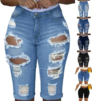 Capri Jeans for Women High Waisted Ripped Stretch Denim Capris Trendy Skinny Cuffed Denim Cropped Pants with Pockets
