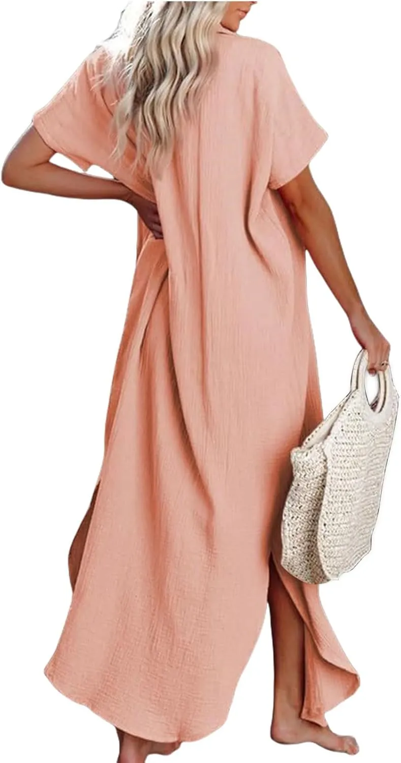 Cardigans for Women Trendy Casual Short Sleeve Side Split Button Down Long Cardigans Summer Vacation Beach Sundress