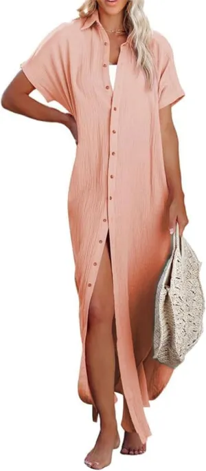 Cardigans for Women Trendy Casual Short Sleeve Side Split Button Down Long Cardigans Summer Vacation Beach Sundress