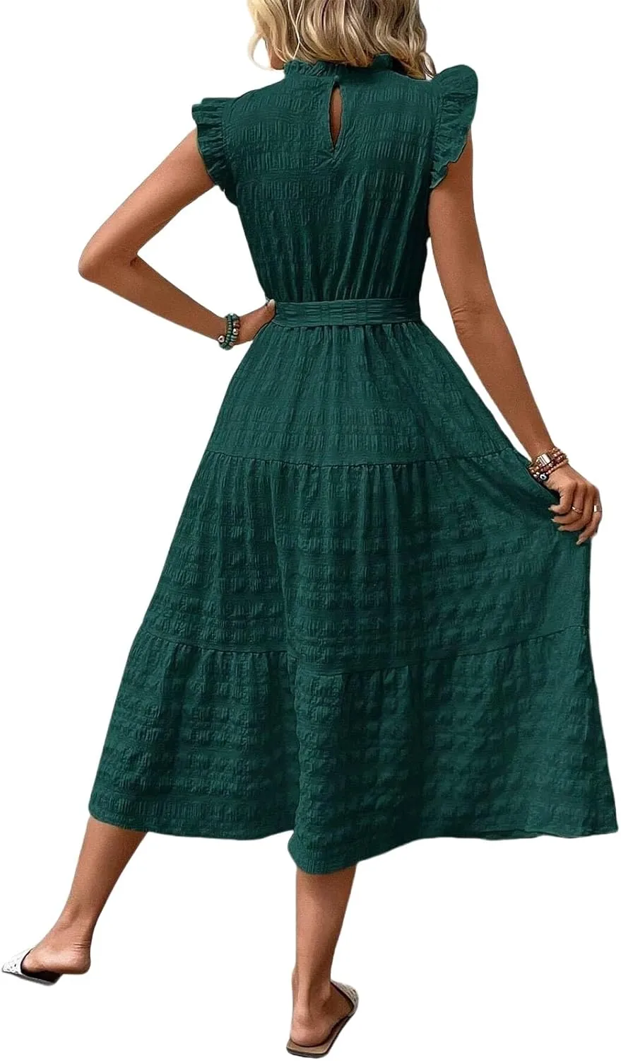 Casual Dresses for Women Ruffle Crewneck Belt Dress Puff Short Sleeve Maxi Dresses Smocked Flowy Ruffle Boho Dress