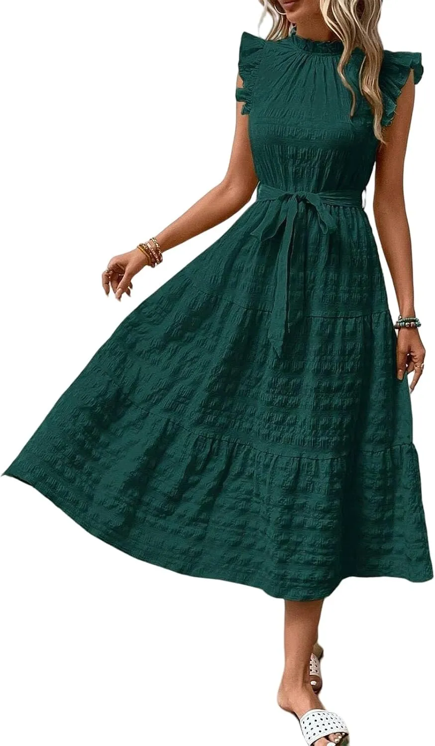 Casual Dresses for Women Ruffle Crewneck Belt Dress Puff Short Sleeve Maxi Dresses Smocked Flowy Ruffle Boho Dress