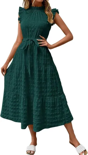 Casual Dresses for Women Ruffle Crewneck Belt Dress Puff Short Sleeve Maxi Dresses Smocked Flowy Ruffle Boho Dress
