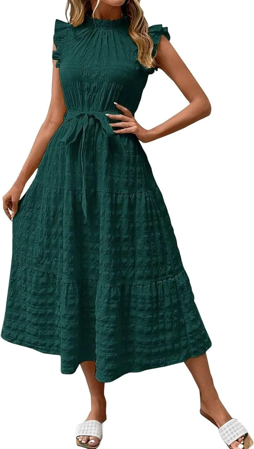 Casual Dresses for Women Ruffle Crewneck Belt Dress Puff Short Sleeve Maxi Dresses Smocked Flowy Ruffle Boho Dress