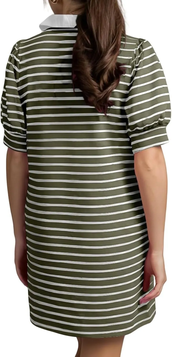 Casual Mini Dress for Women Summer Trendy Striped Lapel V Neck Puff Short Sleeve Dresses Loose Fit A Line Dress 2025