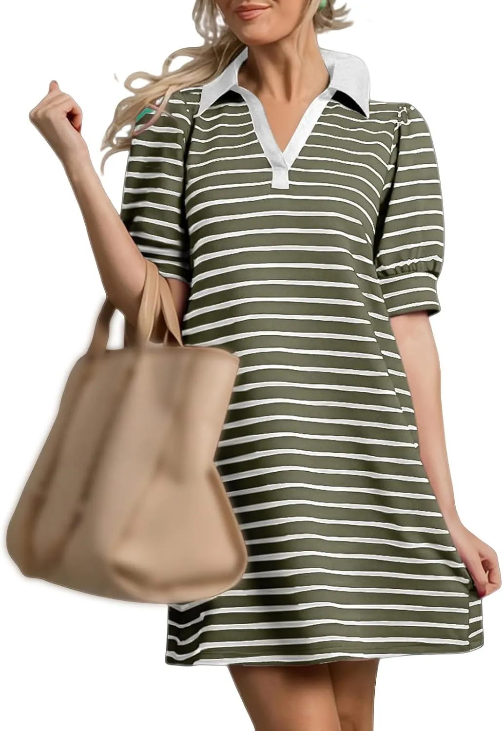 Casual Mini Dress for Women Summer Trendy Striped Lapel V Neck Puff Short Sleeve Dresses Loose Fit A Line Dress 2025