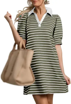 Casual Mini Dress for Women Summer Trendy Striped Lapel V Neck Puff Short Sleeve Dresses Loose Fit A Line Dress 2025
