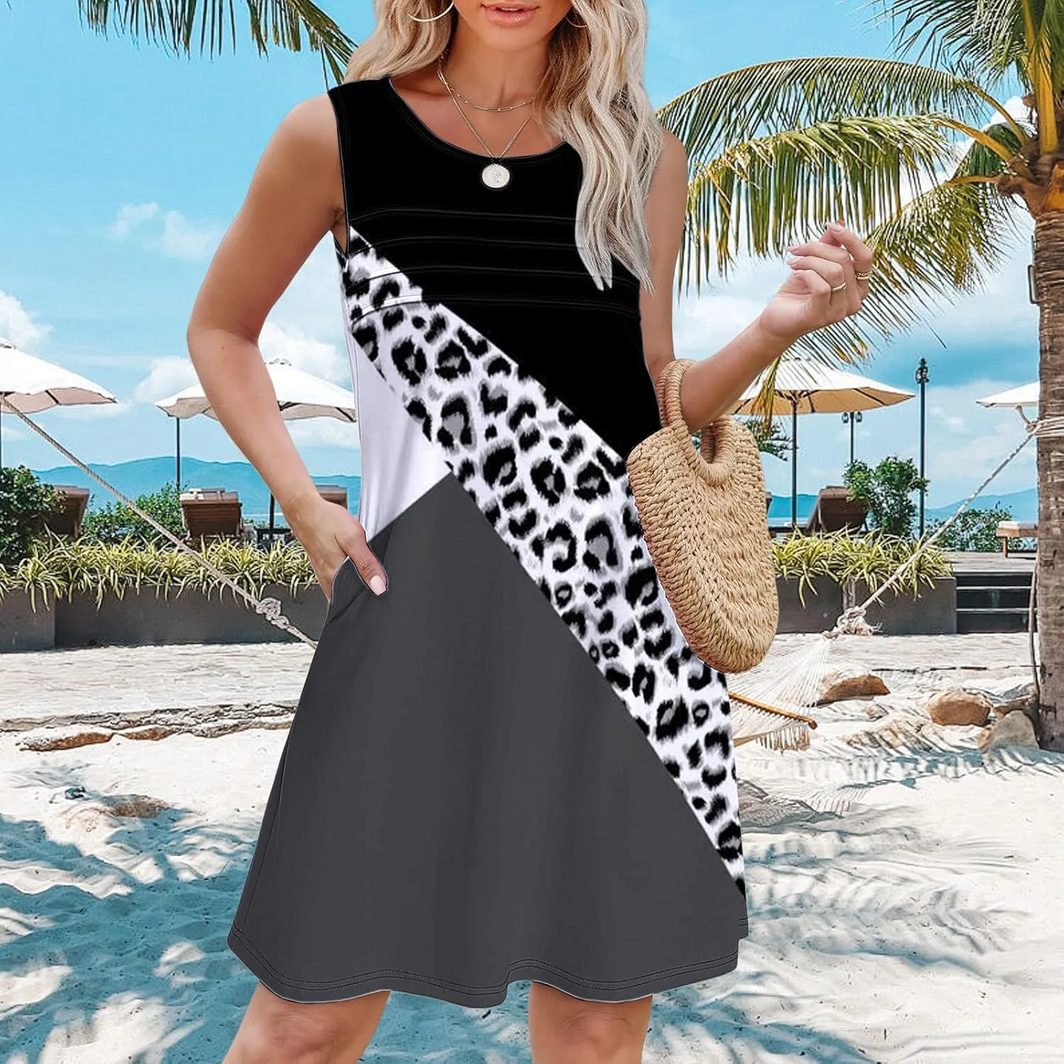 Casual Summer Dress Womens with Pockets Summer Casual Tank Dress Sleeveless Midi Beach Dress Cotton Sundresses