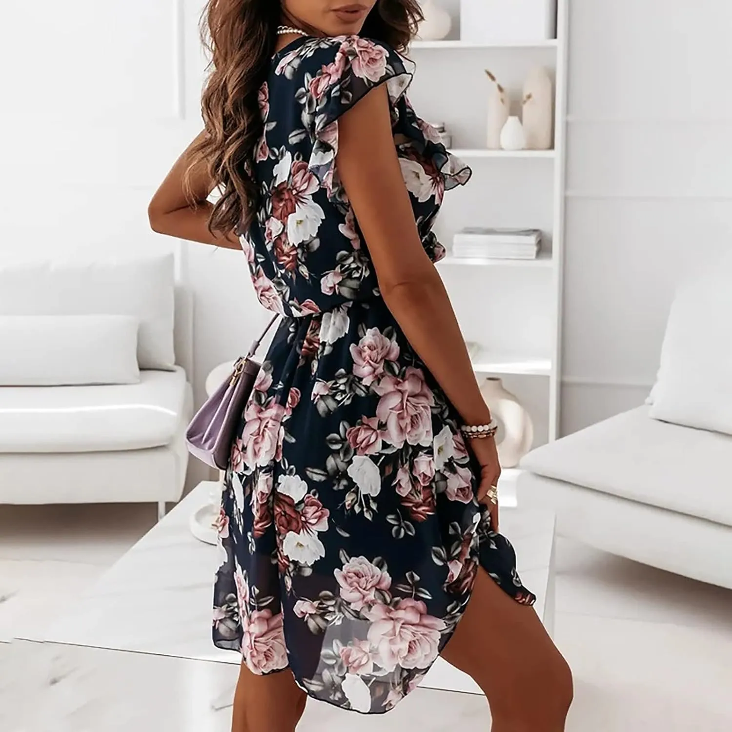 Casual Summer Dresses for Women Elegant Floral Ruffle Short Sleeve Tshirt Dress Boho A Line Pleated Hem Mini Dresses