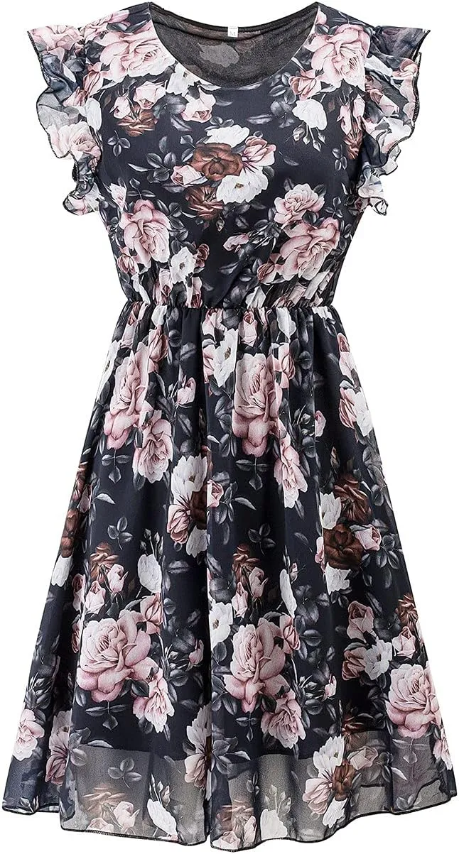 Casual Summer Dresses for Women Elegant Floral Ruffle Short Sleeve Tshirt Dress Boho A Line Pleated Hem Mini Dresses