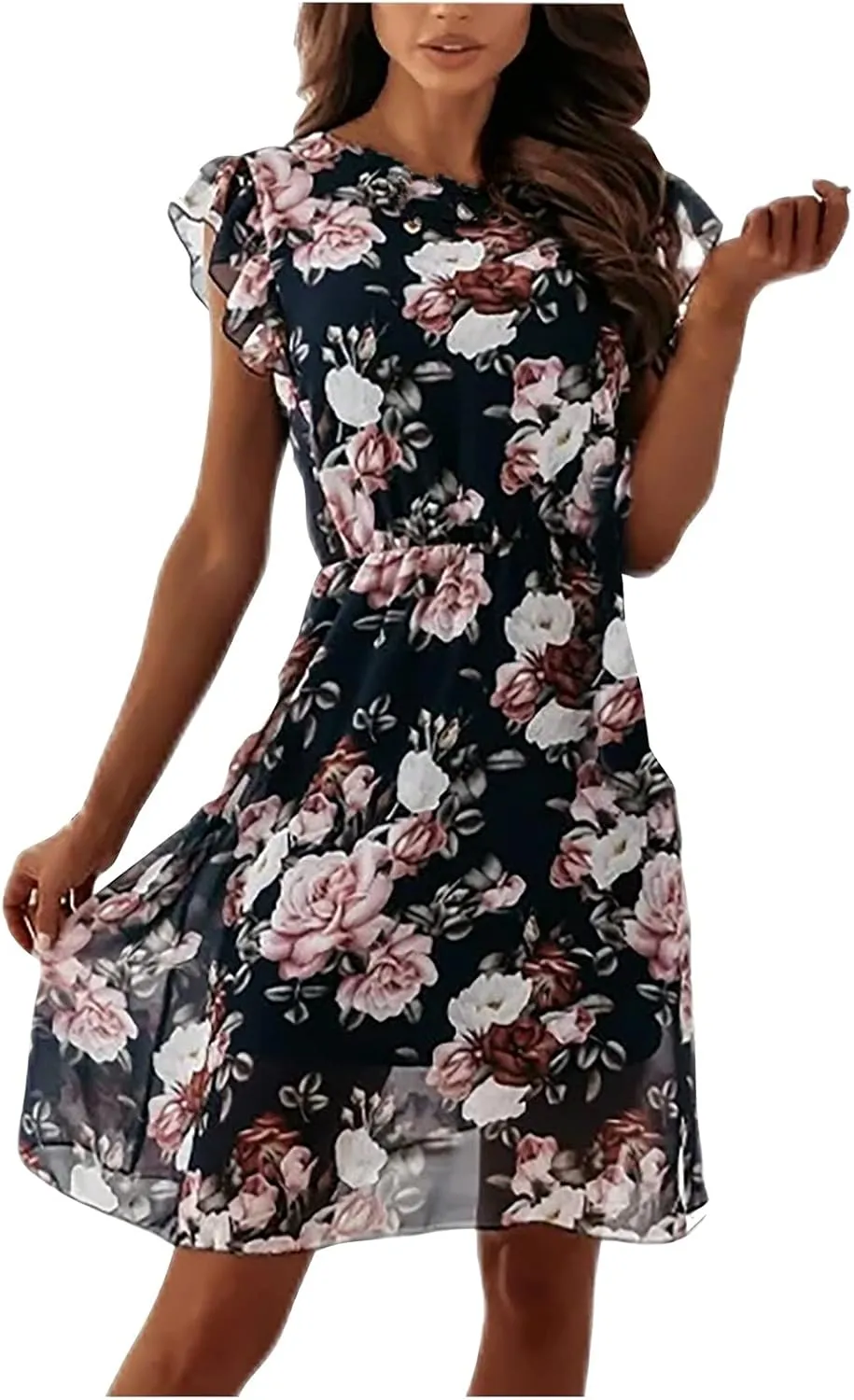 Casual Summer Dresses for Women Elegant Floral Ruffle Short Sleeve Tshirt Dress Boho A Line Pleated Hem Mini Dresses