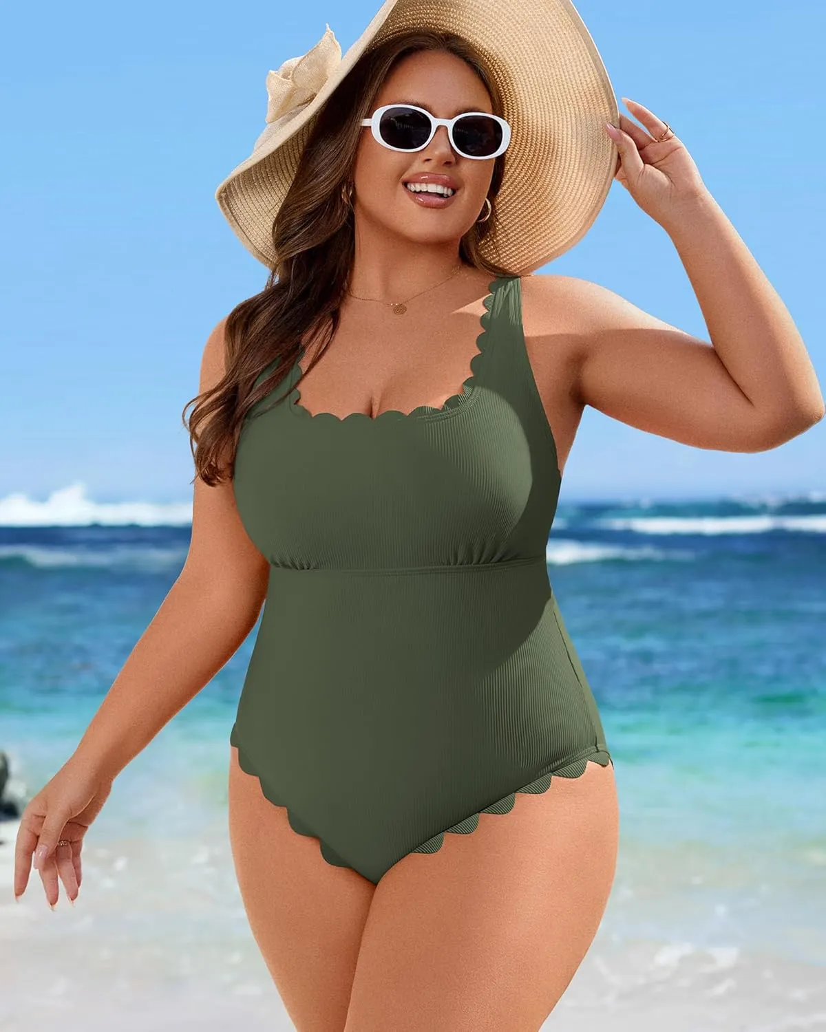 Charmo Womens Scalloped Ribbed One Piece Swimsuits Retro Square Neck Modest Bathing Suits