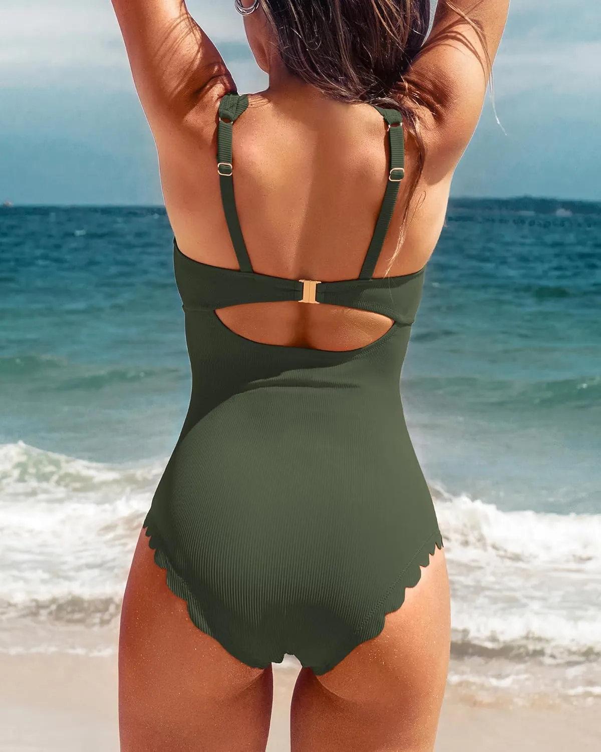 Charmo Womens Scalloped Ribbed One Piece Swimsuits Retro Square Neck Modest Bathing Suits