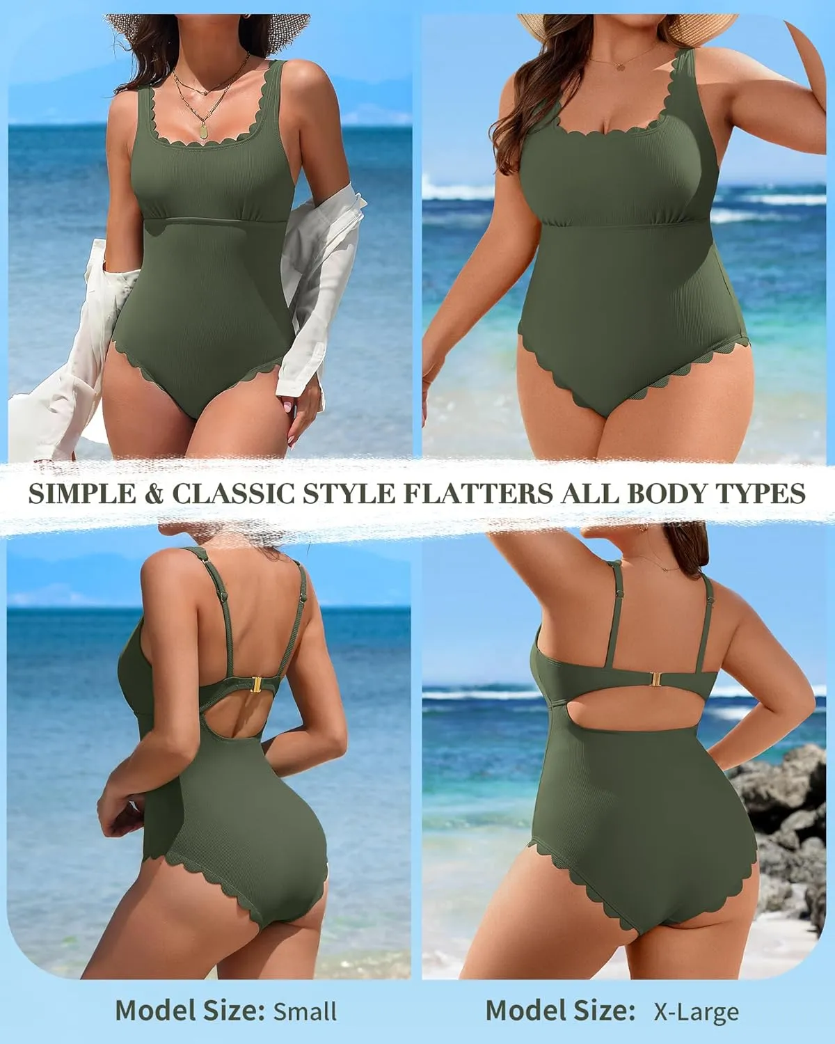 Charmo Womens Scalloped Ribbed One Piece Swimsuits Retro Square Neck Modest Bathing Suits