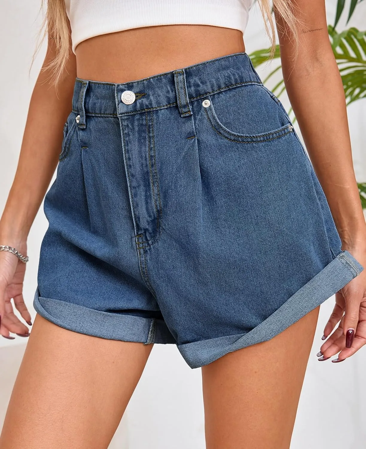 Cicy Bell Womens High Waisted Jean Shorts Casual Summer Wide Leg Rolled Hem Denim Shorts with Pockets