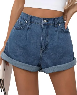 Cicy Bell Womens High Waisted Jean Shorts Casual Summer Wide Leg Rolled Hem Denim Shorts with Pockets