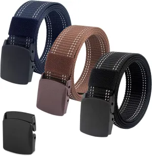 Coobbar 3-Pack Nylon Canvas Belt Plastic Buckle Belt Travel Adjustable Nylon Web Slide Belt