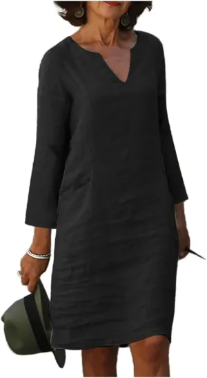 Cotton Linen Dresses for Women Loose Casual Long Sleeve V Neck Knee Length Mini Dress Elegant Plain Shirt Midi Dress