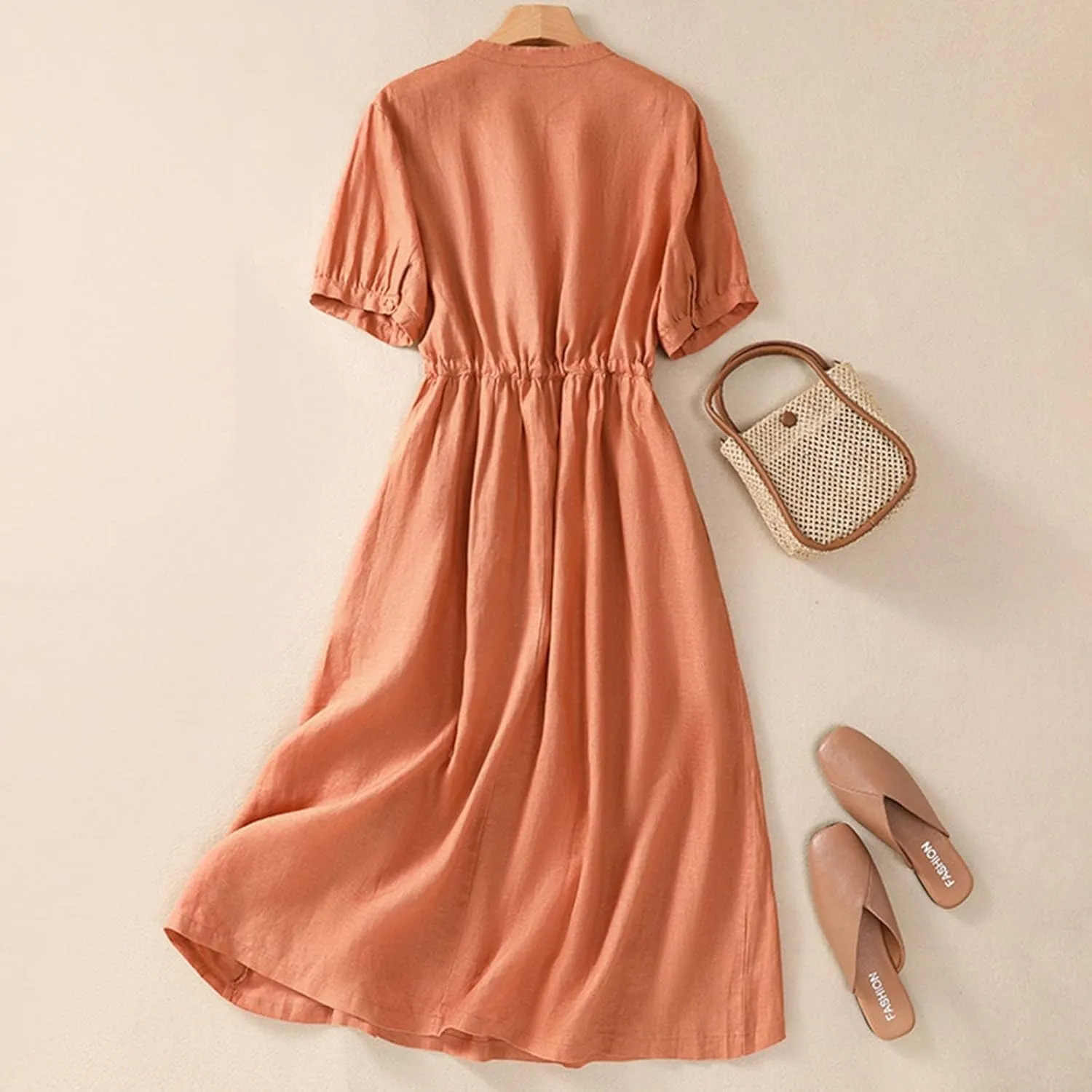 Cotton Linen Dresses for Women Summer Embroidered Sleeve A Line Comfy Cotton Maxi Dress Trendy Summer Vacation Clothes