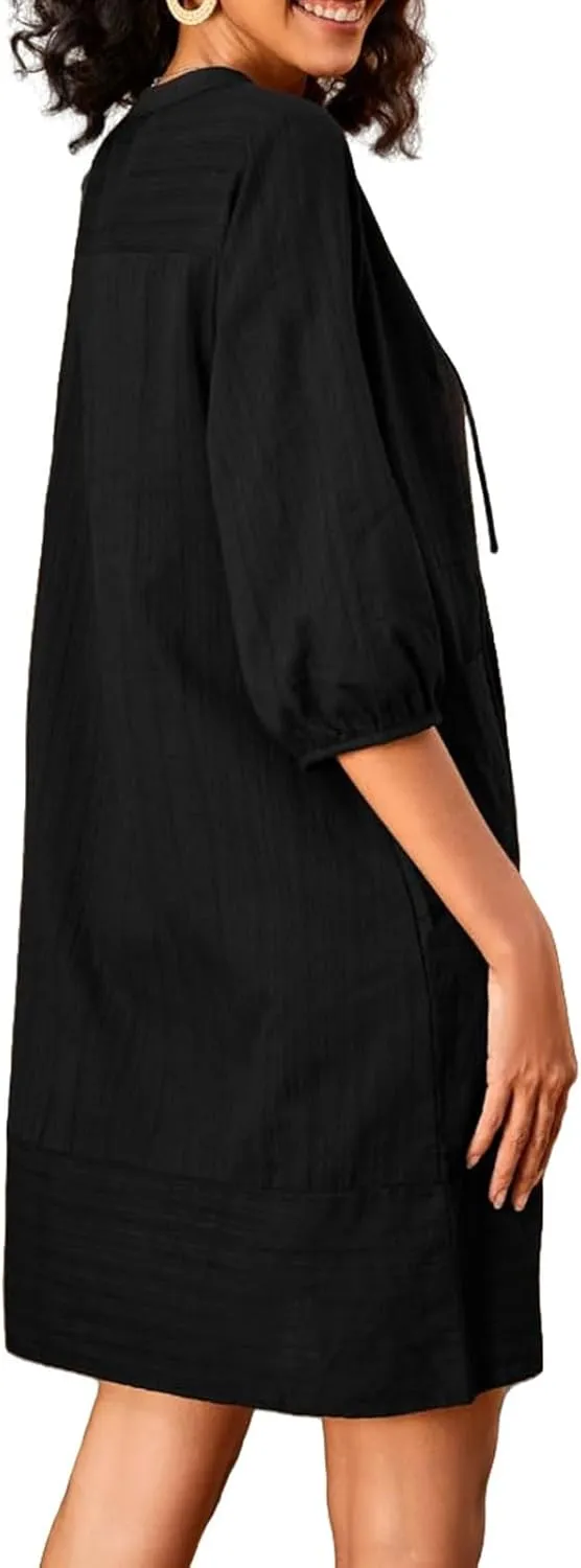 Cotton Linen Dresses for Women V Neck 3/4 Sleeve Tunic Smock Mini Dress Summer Casual Loose Dresses with Pockets