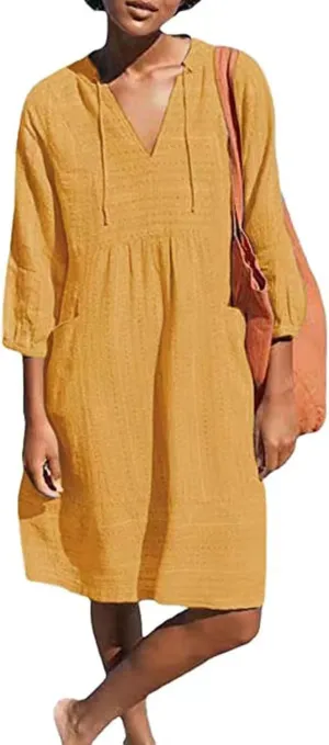 Cotton Linen Dresses for Women V Neck 3/4 Sleeve Tunic Smock Mini Dress Summer Casual Loose Dresses with Pockets