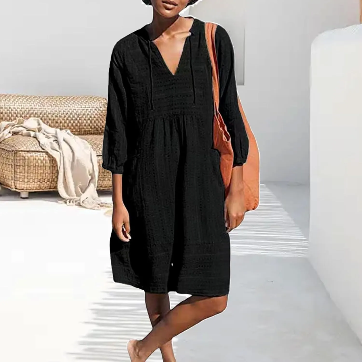 Cotton Linen Dresses for Women V Neck 3/4 Sleeve Tunic Smock Mini Dress Summer Casual Loose Dresses with Pockets