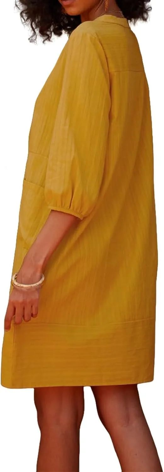 Cotton Linen Dresses for Women V Neck 3/4 Sleeve Tunic Smock Mini Dress Summer Casual Loose Dresses with Pockets