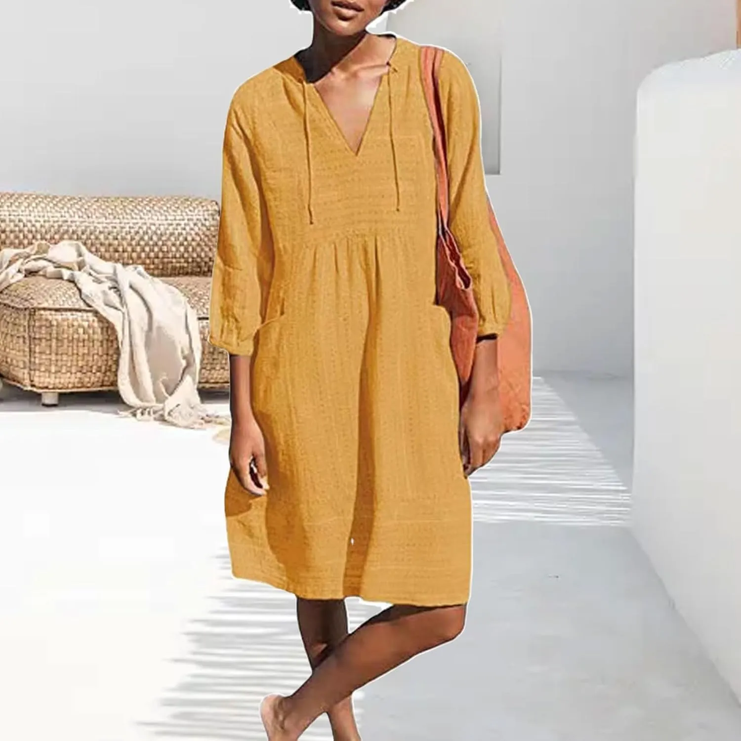 Cotton Linen Dresses for Women V Neck 3/4 Sleeve Tunic Smock Mini Dress Summer Casual Loose Dresses with Pockets