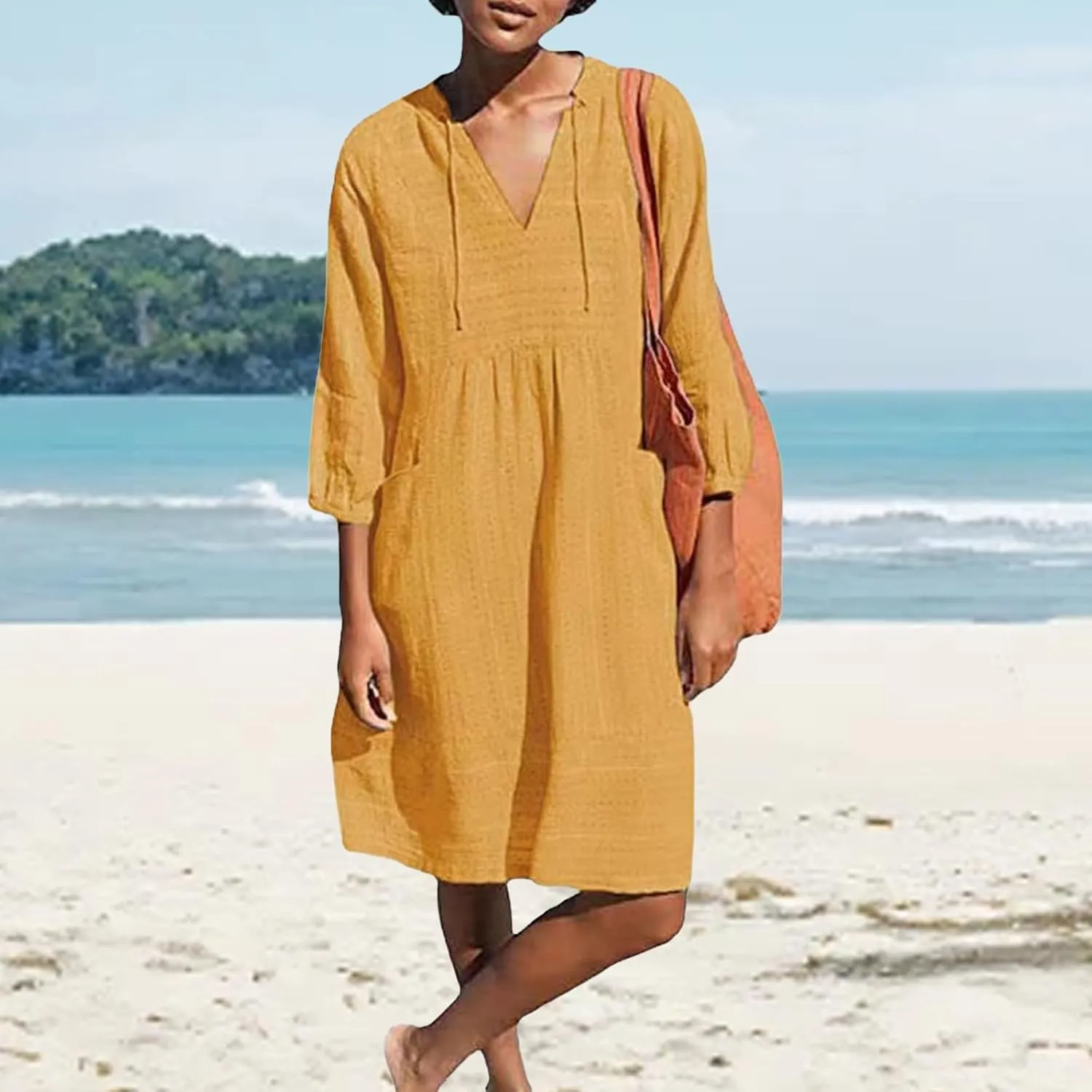 Cotton Linen Dresses for Women V Neck 3/4 Sleeve Tunic Smock Mini Dress Summer Casual Loose Dresses with Pockets