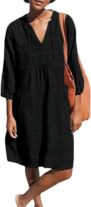 Cotton Linen Dresses for Women V Neck 3/4 Sleeve Tunic Smock Mini Dress Summer Casual Loose Dresses with Pockets