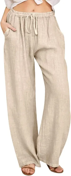 Cotton Linen Pants Women Summer Wide Leg Casual Loose Trousers Drawstring High Waist Palazzo Pants with Pockets 2025