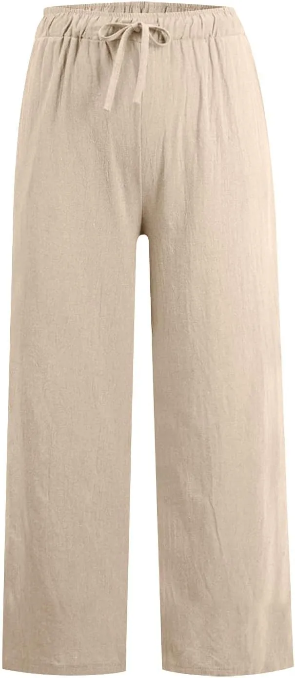 Cotton Linen Pants Women Summer Wide Leg Casual Loose Trousers Drawstring High Waist Palazzo Pants with Pockets 2025