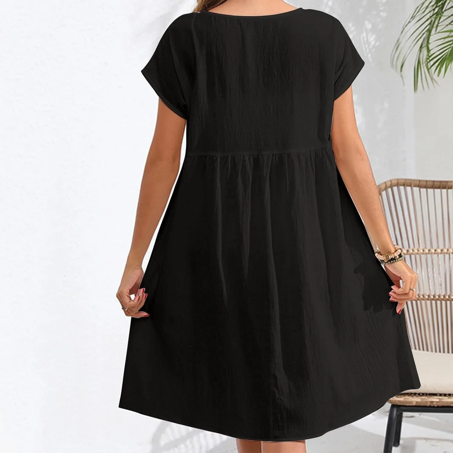Cotton Linen Summer Midi Dresses for Women 2025 Vacation Casual Short Sleeve Crewneck Tshirt Dress A-Line Mini Dress
