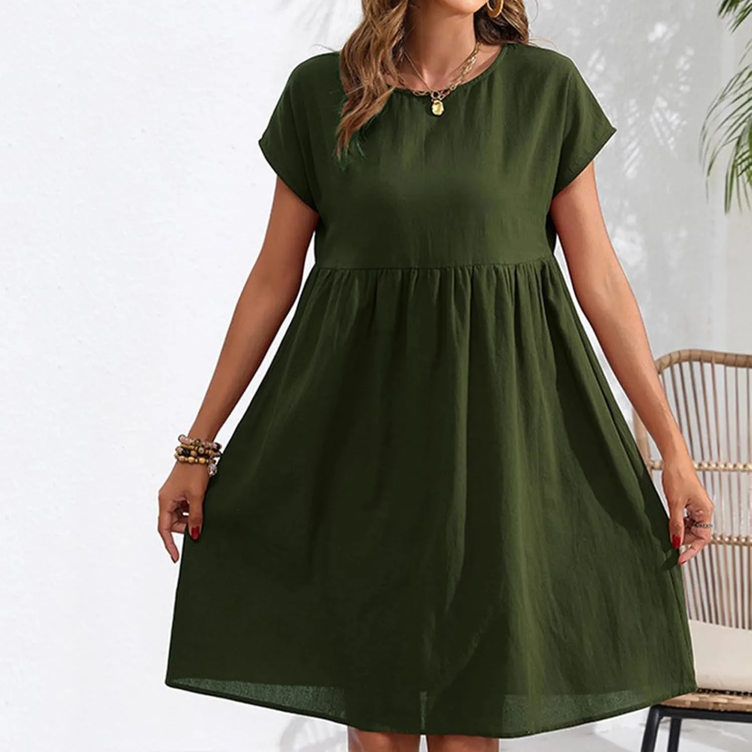Cotton Linen Summer Midi Dresses for Women 2025 Vacation Casual Short Sleeve Crewneck Tshirt Dress A-Line Mini Dress