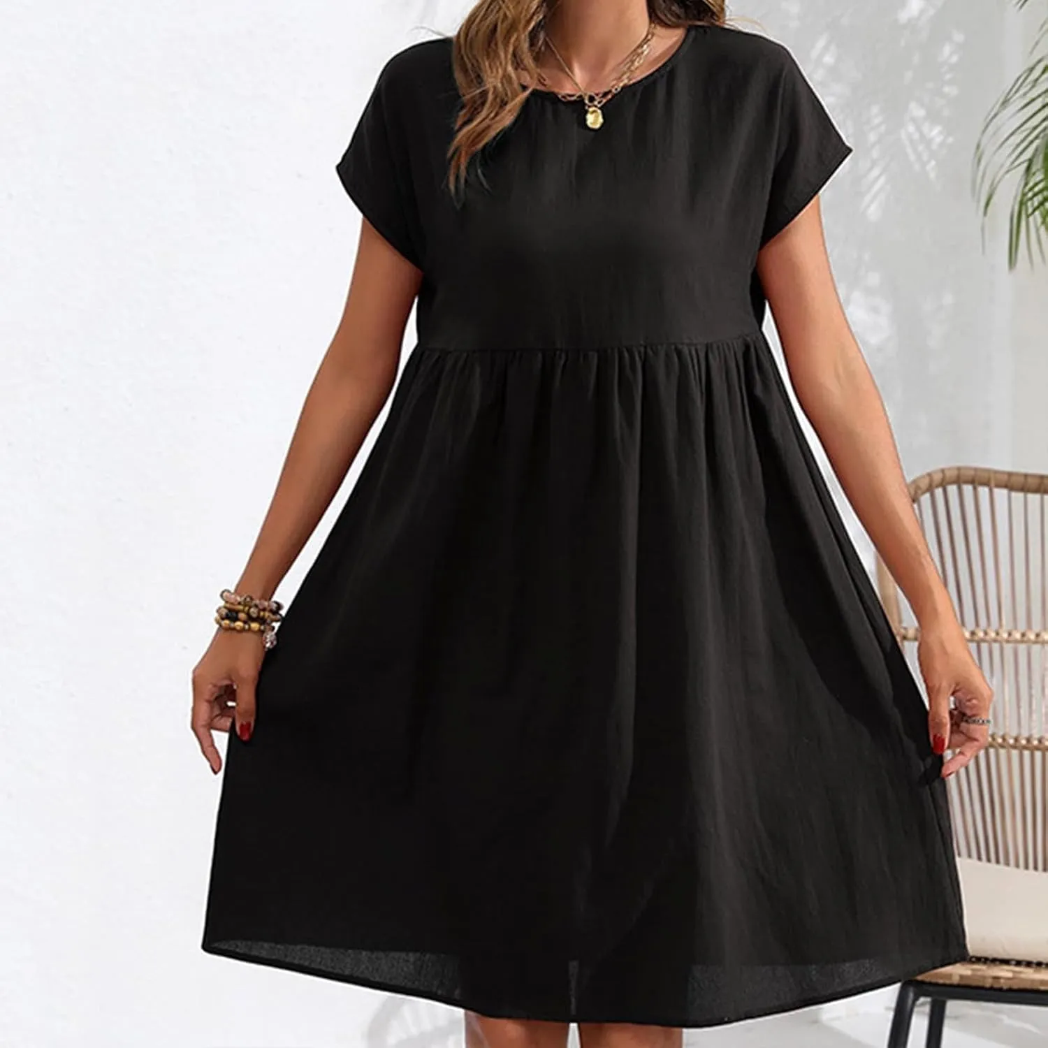 Cotton Linen Summer Midi Dresses for Women 2025 Vacation Casual Short Sleeve Crewneck Tshirt Dress A-Line Mini Dress