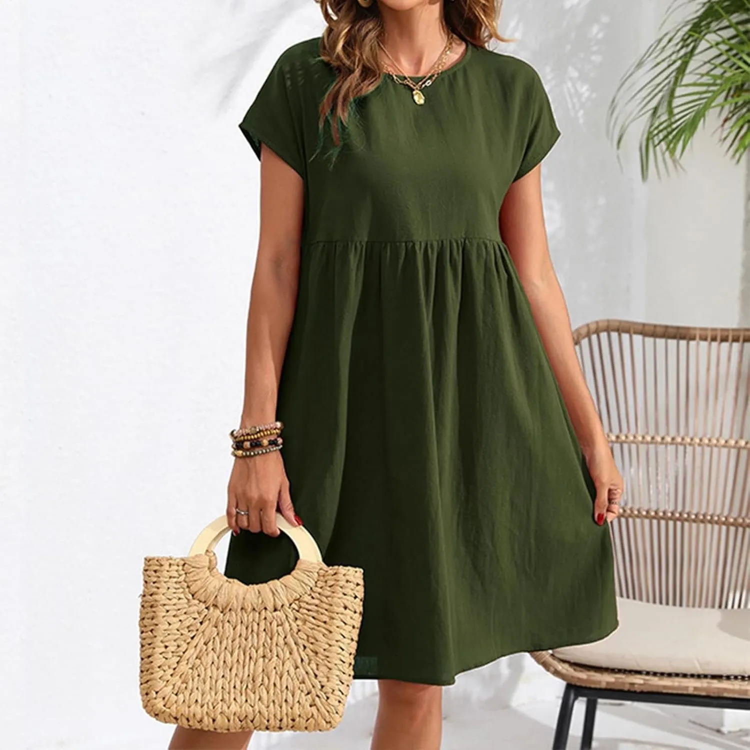 Cotton Linen Summer Midi Dresses for Women 2025 Vacation Casual Short Sleeve Crewneck Tshirt Dress A-Line Mini Dress
